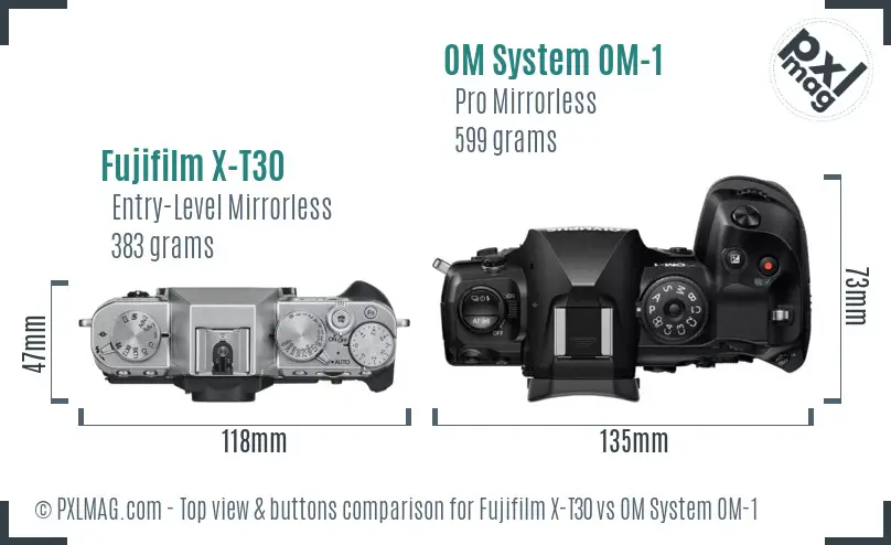 Fujifilm X-T30 vs OM System OM-1 top view buttons comparison