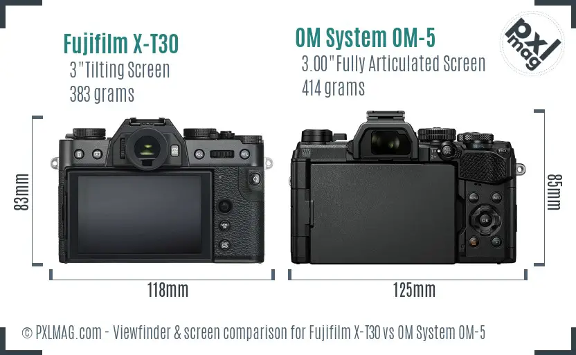 Fujifilm X-T30 vs OM System OM-5 Screen and Viewfinder comparison Fujifilm X-T30 vs OM System OM-5 Screen and Viewfinder comparison