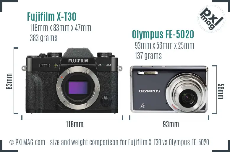 Fujifilm X-T30 vs Olympus FE-5020 size comparison