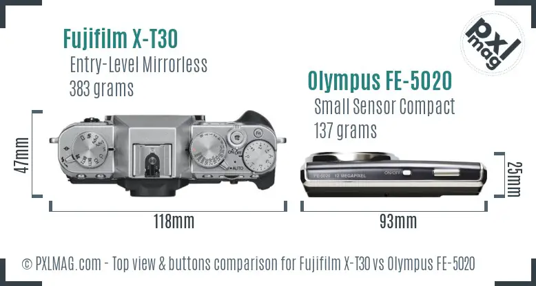 Fujifilm X-T30 vs Olympus FE-5020 top view buttons comparison