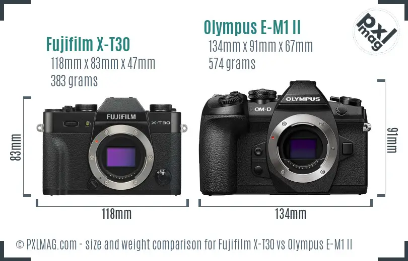 Fujifilm X-T30 vs Olympus E-M1 II size comparison