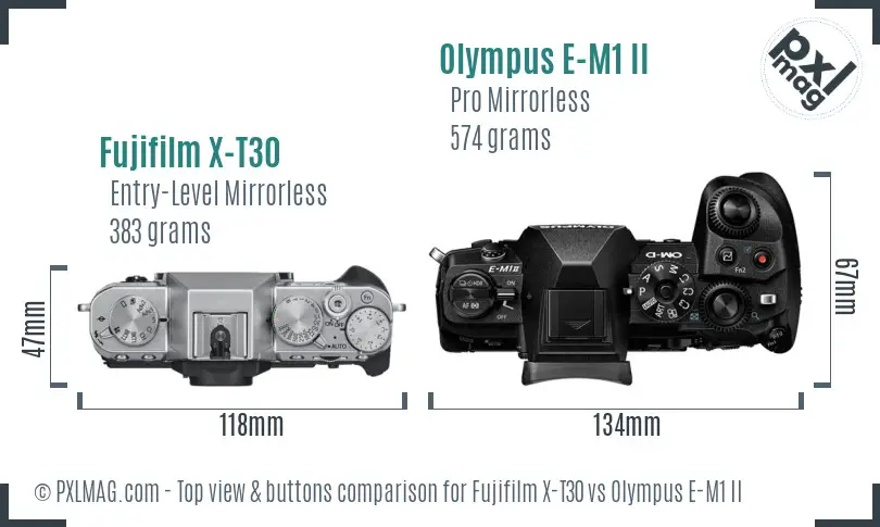 Fujifilm X-T30 vs Olympus E-M1 II top view buttons comparison