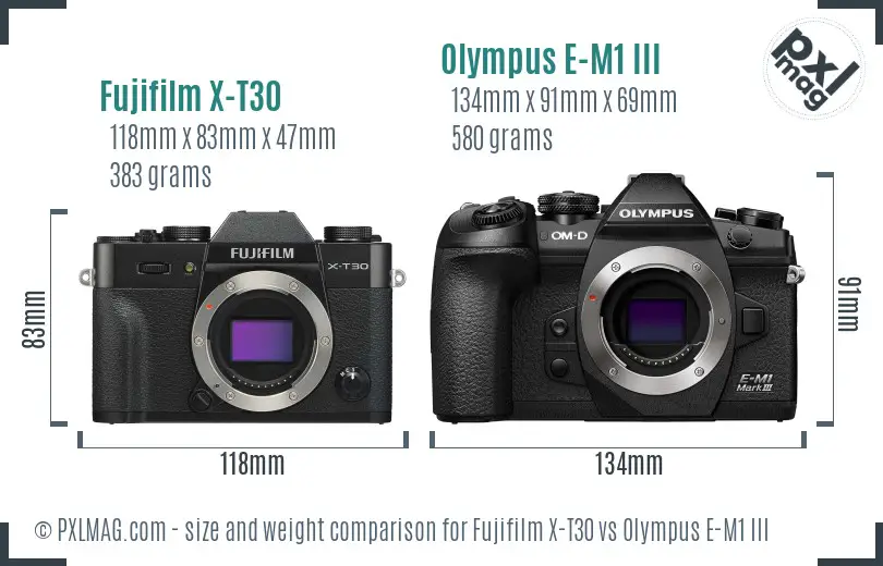 Fujifilm X-T30 vs Olympus E-M1 III size comparison