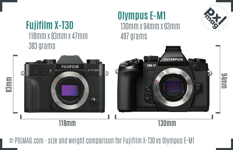 Fujifilm X-T30 vs Olympus E-M1 size comparison