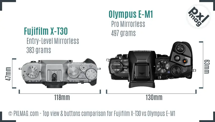 Fujifilm X-T30 vs Olympus E-M1 top view buttons comparison