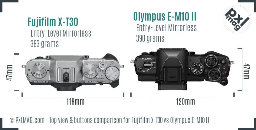 Fujifilm X-T30 vs Olympus E-M10 II top view buttons comparison