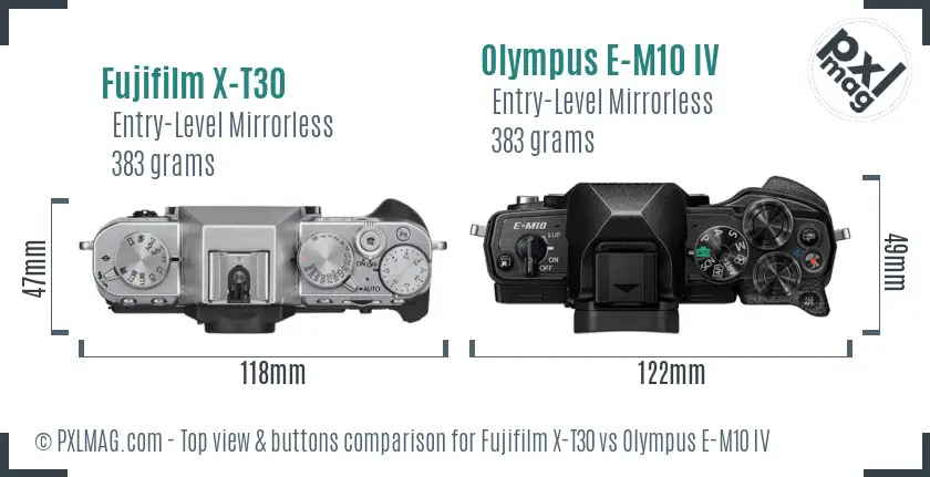Fujifilm X-T30 vs Olympus E-M10 IV top view buttons comparison