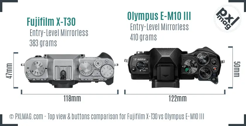 Fujifilm X-T30 vs Olympus E-M10 III top view buttons comparison
