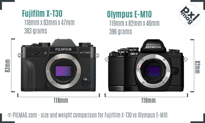 Fujifilm X-T30 vs Olympus E-M10 size comparison