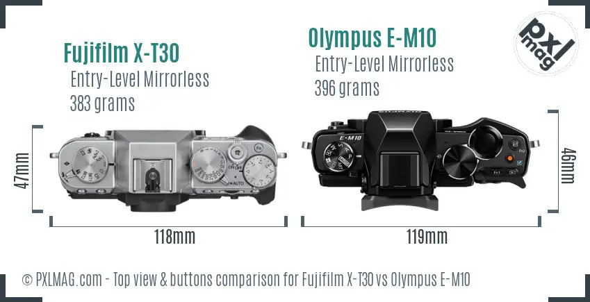 Fujifilm X-T30 vs Olympus E-M10 top view buttons comparison