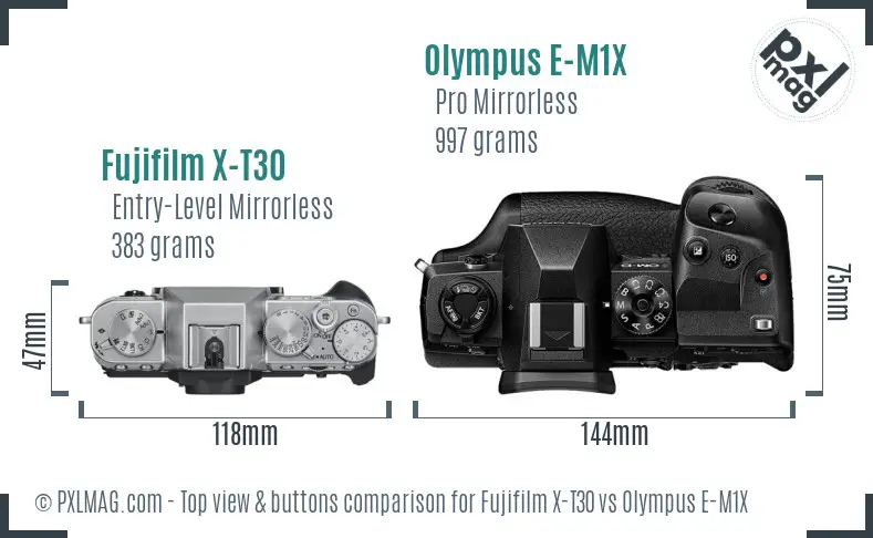Fujifilm X-T30 vs Olympus E-M1X top view buttons comparison
