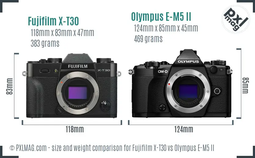 Fujifilm X-T30 vs Olympus E-M5 II size comparison