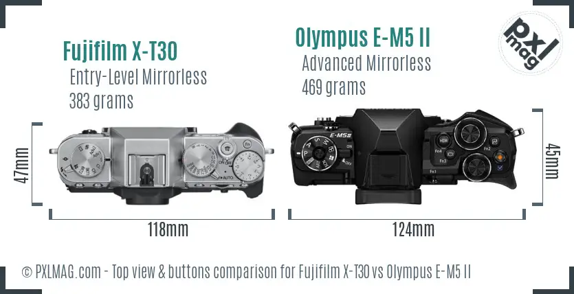 Fujifilm X-T30 vs Olympus E-M5 II top view buttons comparison