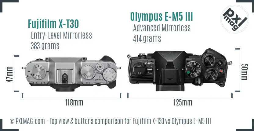 Fujifilm X-T30 vs Olympus E-M5 III top view buttons comparison