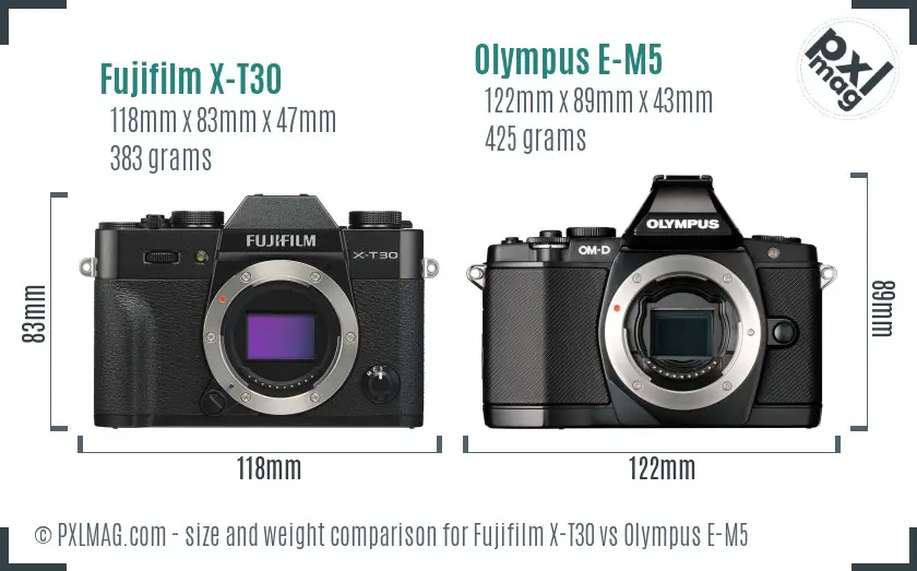 Fujifilm X-T30 vs Olympus E-M5 size comparison