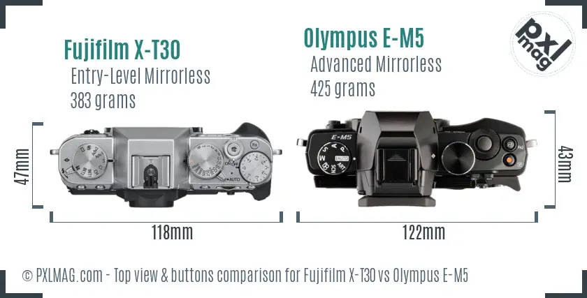 Fujifilm X-T30 vs Olympus E-M5 top view buttons comparison