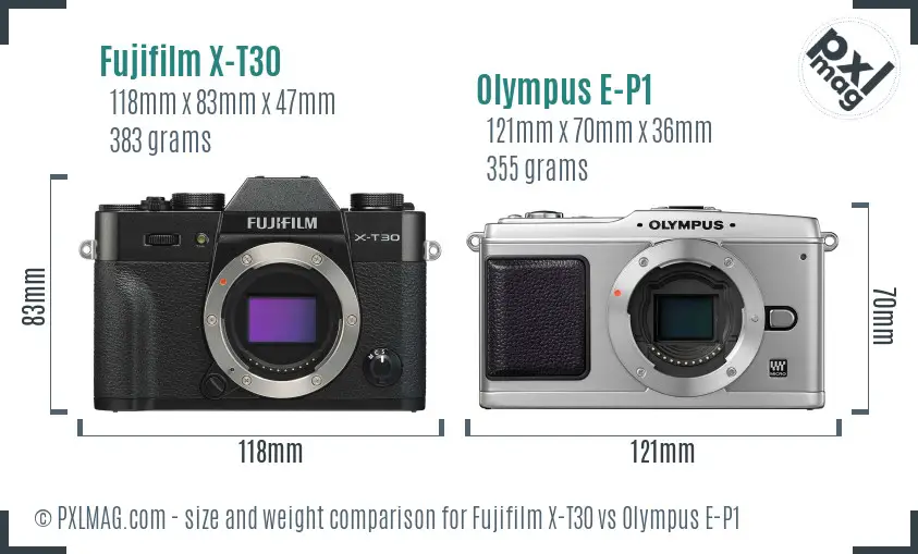 Fujifilm X-T30 vs Olympus E-P1 size comparison
