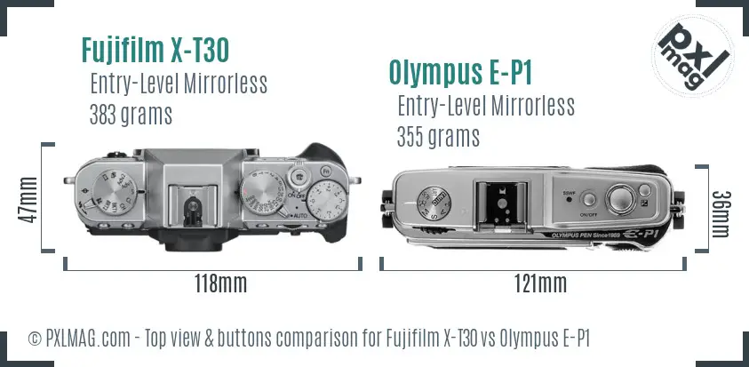 Fujifilm X-T30 vs Olympus E-P1 top view buttons comparison