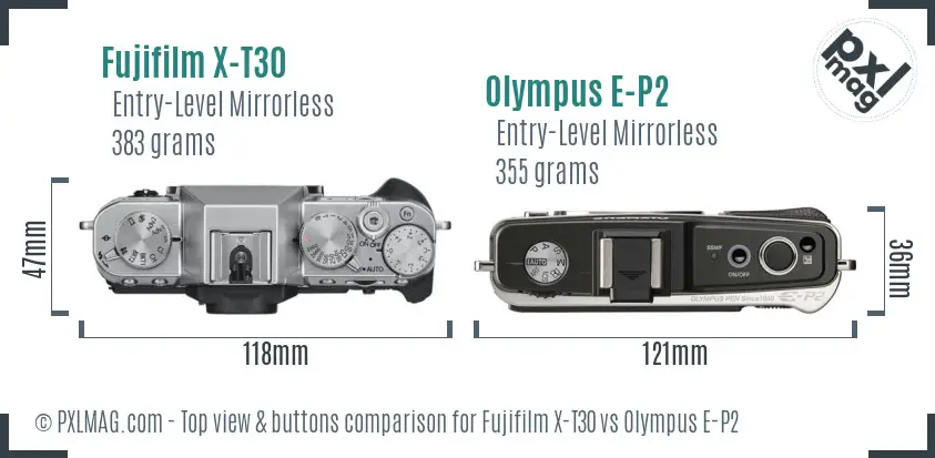 Fujifilm X-T30 vs Olympus E-P2 top view buttons comparison