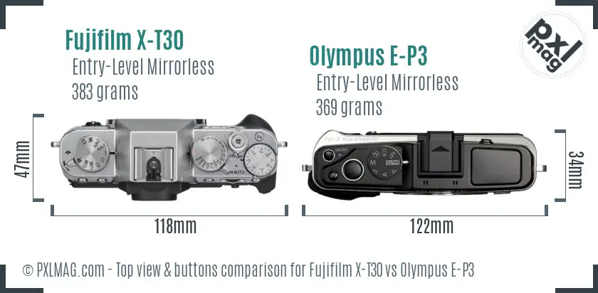 Fujifilm X-T30 vs Olympus E-P3 top view buttons comparison