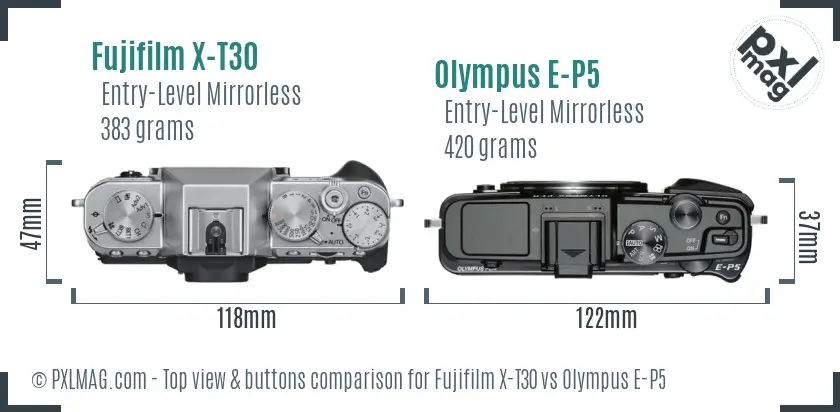 Fujifilm X-T30 vs Olympus E-P5 top view buttons comparison