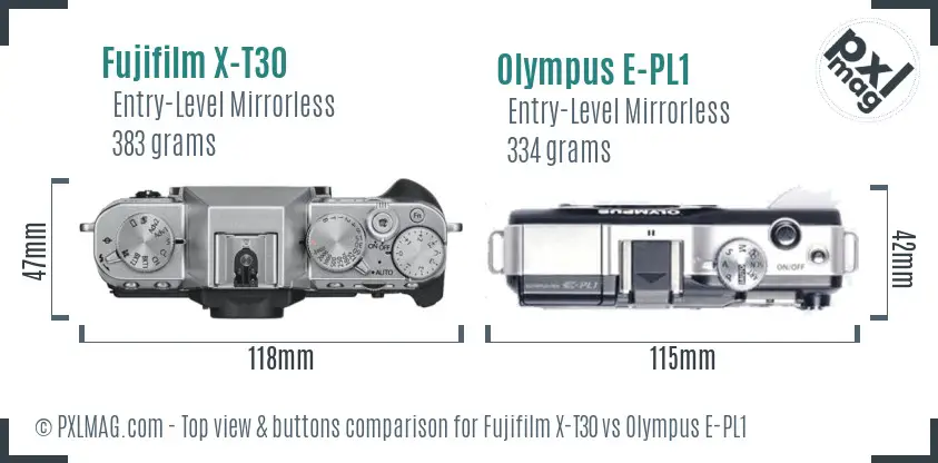 Fujifilm X-T30 vs Olympus E-PL1 top view buttons comparison
