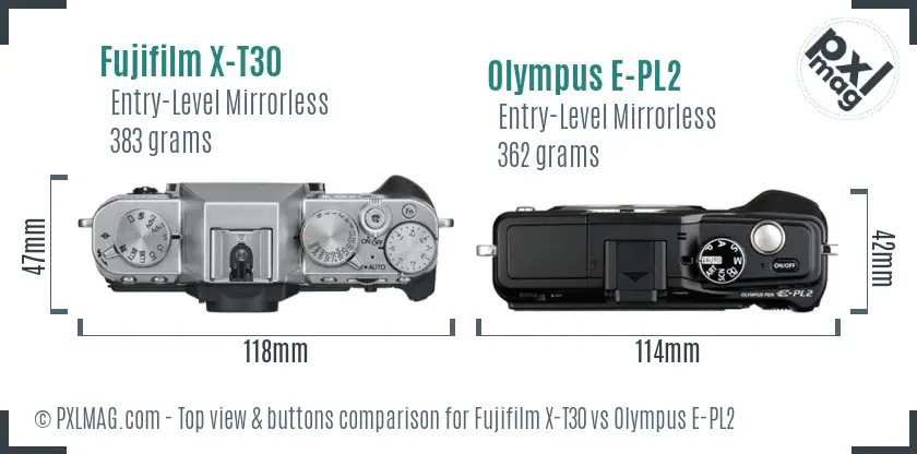Fujifilm X-T30 vs Olympus E-PL2 top view buttons comparison
