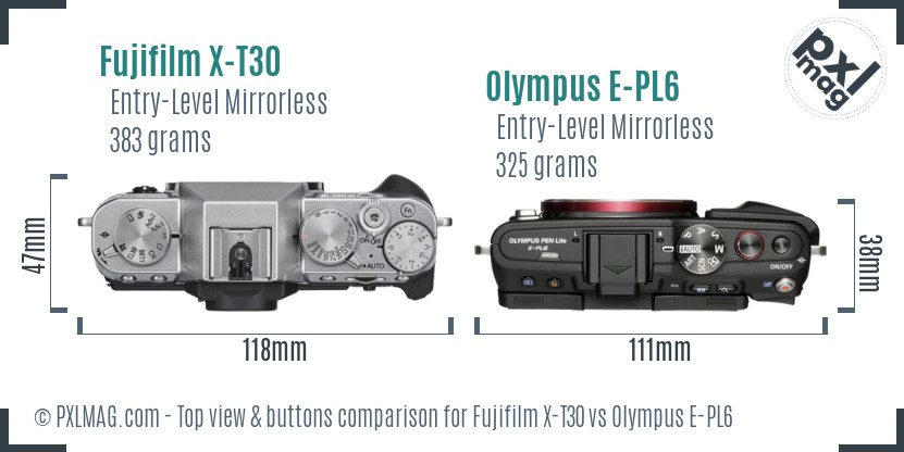 Fujifilm X-T30 vs Olympus E-PL6 top view buttons comparison