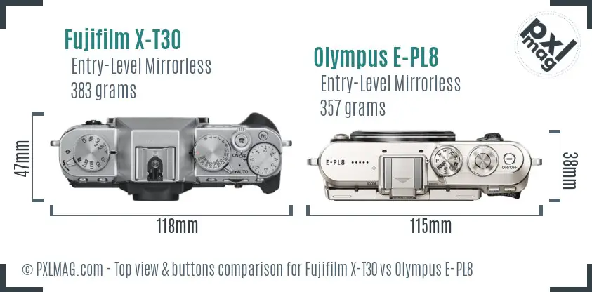 Fujifilm X-T30 vs Olympus E-PL8 top view buttons comparison