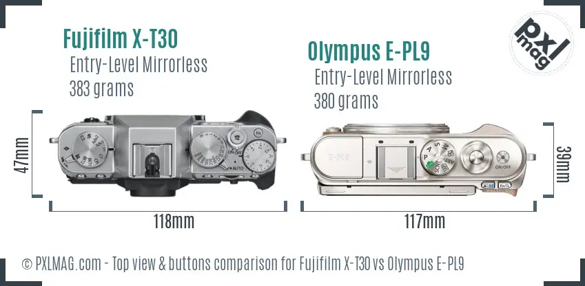 Fujifilm X-T30 vs Olympus E-PL9 top view buttons comparison