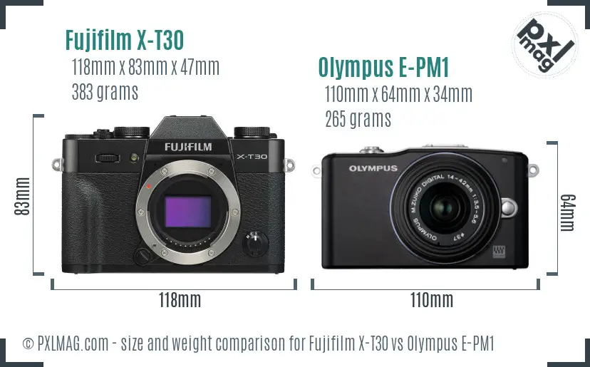 Fujifilm X-T30 vs Olympus E-PM1 size comparison