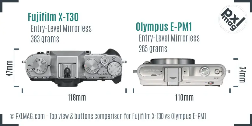 Fujifilm X-T30 vs Olympus E-PM1 top view buttons comparison