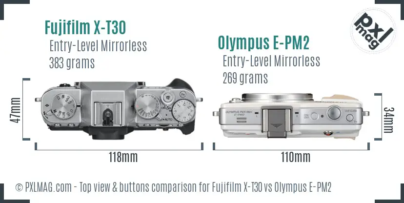 Fujifilm X-T30 vs Olympus E-PM2 top view buttons comparison