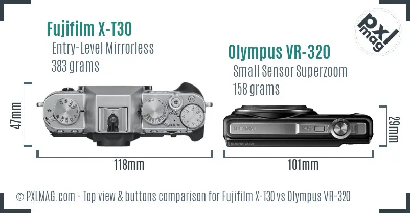 Fujifilm X-T30 vs Olympus VR-320 top view buttons comparison