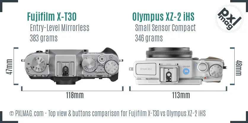 Fujifilm X-T30 vs Olympus XZ-2 iHS top view buttons comparison