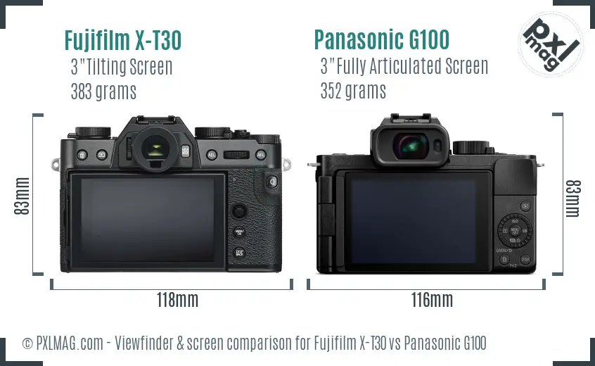 Fujifilm X-T30 vs Panasonic G100 Screen and Viewfinder comparison