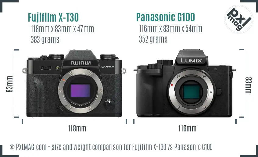 Fujifilm X-T30 vs Panasonic G100 size comparison