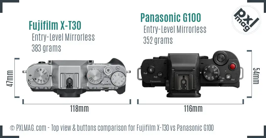 Fujifilm X-T30 vs Panasonic G100 top view buttons comparison