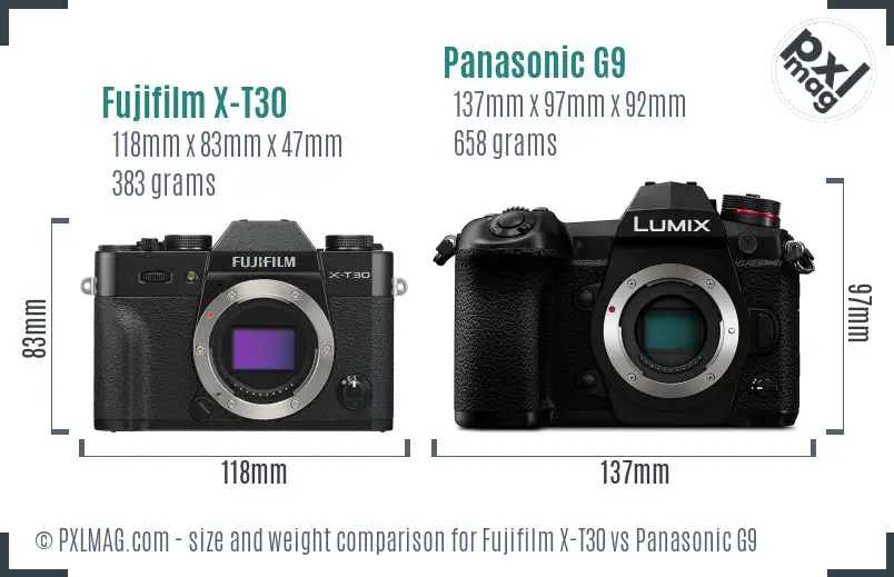 Fujifilm X-T30 vs Panasonic G9 size comparison