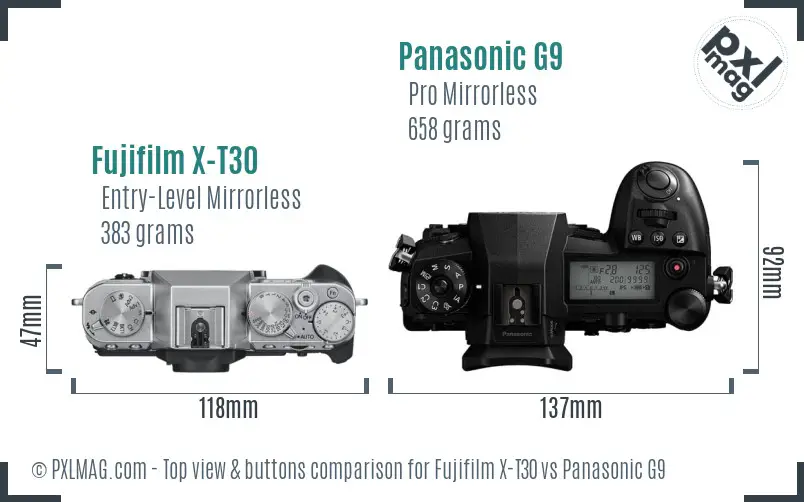 Fujifilm X-T30 vs Panasonic G9 top view buttons comparison