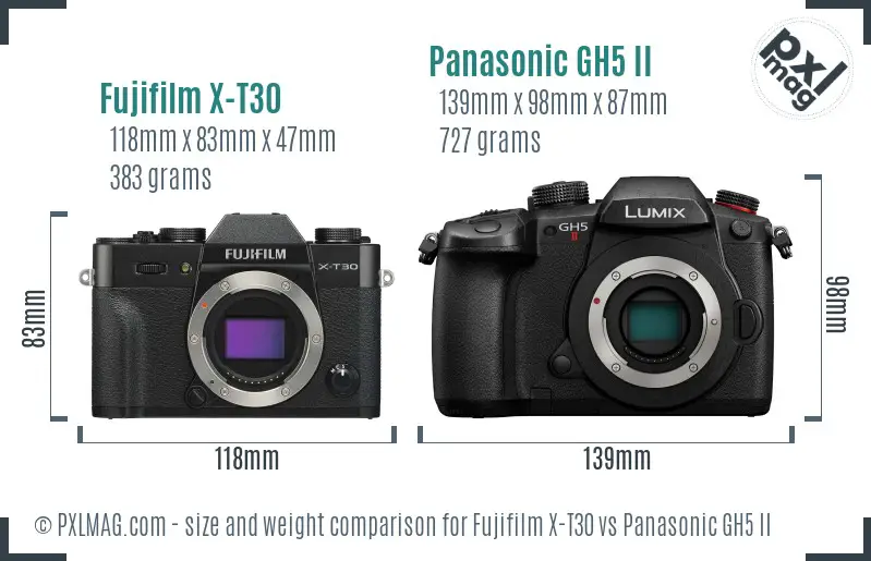 Fujifilm X-T30 vs Panasonic GH5 II size comparison