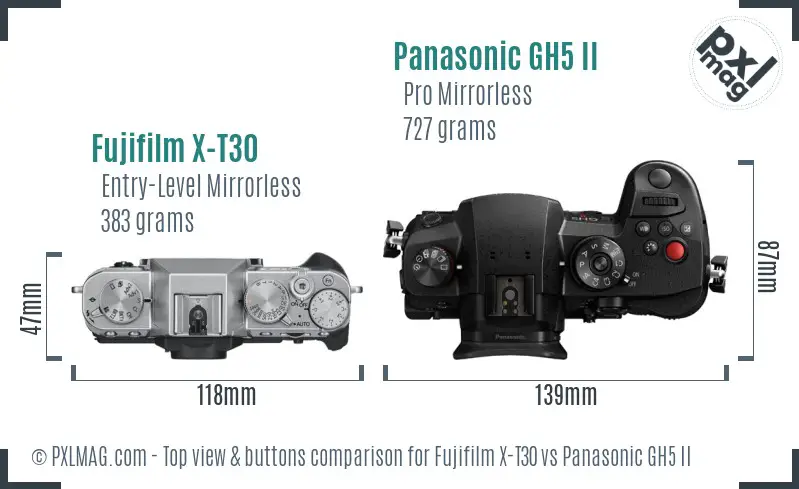 Fujifilm X-T30 vs Panasonic GH5 II top view buttons comparison