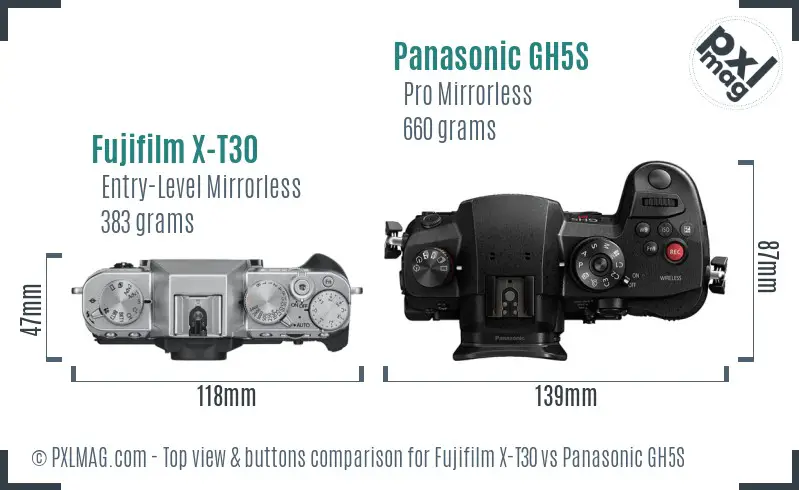 Fujifilm X-T30 vs Panasonic GH5S top view buttons comparison