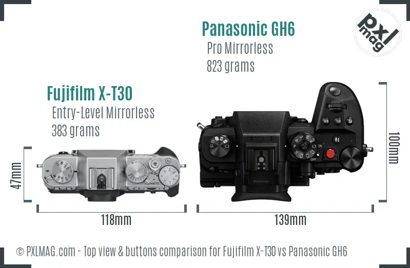 Fujifilm X-T30 vs Panasonic GH6 top view buttons comparison