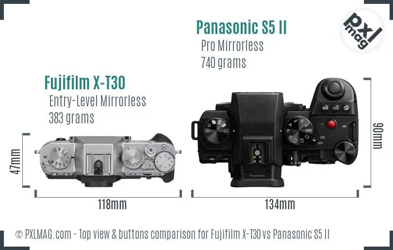 Fujifilm X-T30 vs Panasonic S5 II top view buttons comparison