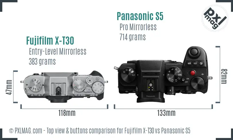Fujifilm X-T30 vs Panasonic S5 top view buttons comparison