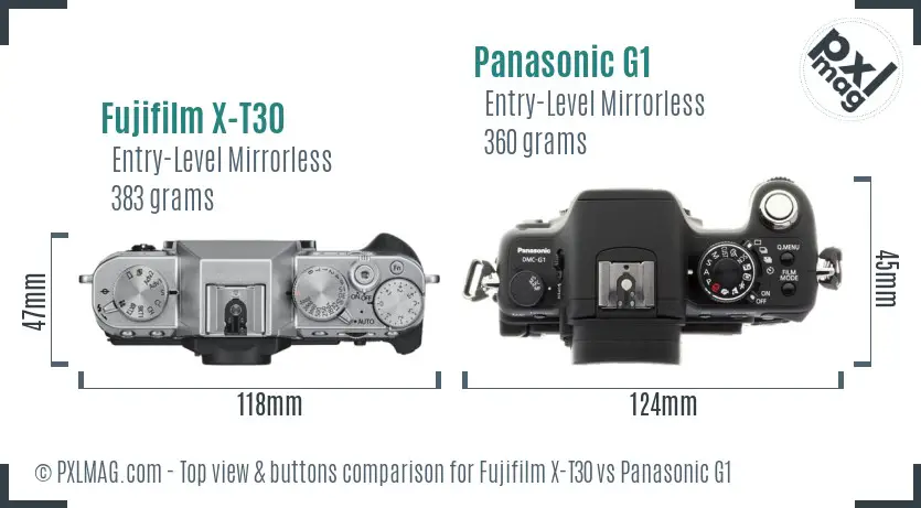 Fujifilm X-T30 vs Panasonic G1 top view buttons comparison