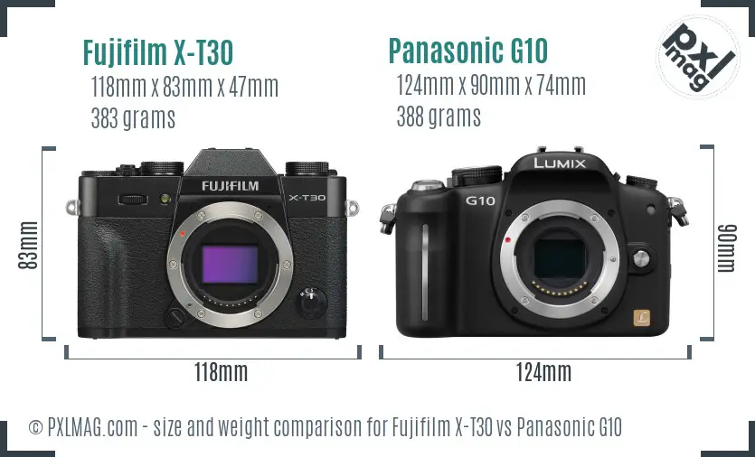 Fujifilm X-T30 vs Panasonic G10 size comparison