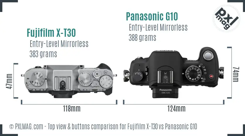 Fujifilm X-T30 vs Panasonic G10 top view buttons comparison
