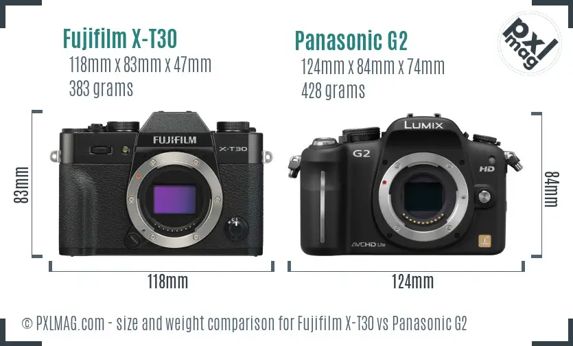 Fujifilm X-T30 vs Panasonic G2 size comparison